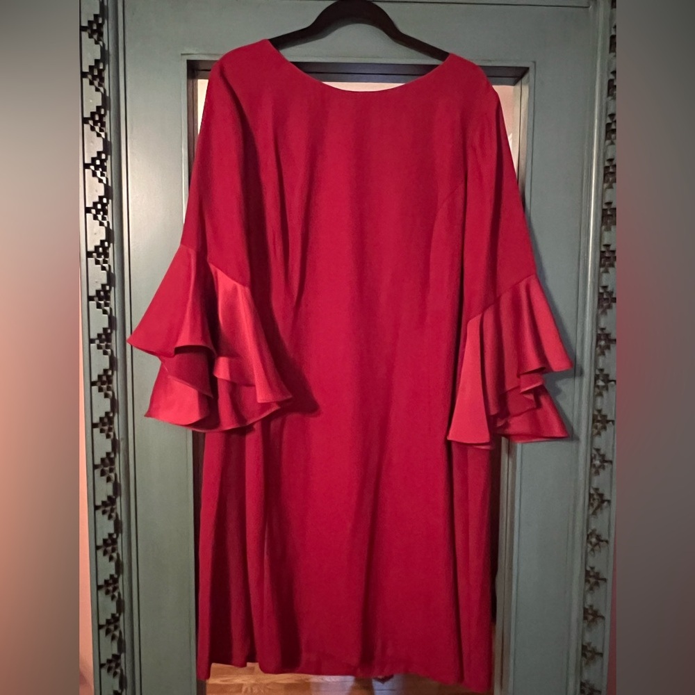 Adrianna Papell Red Long Sleeve Dress with Ruffles